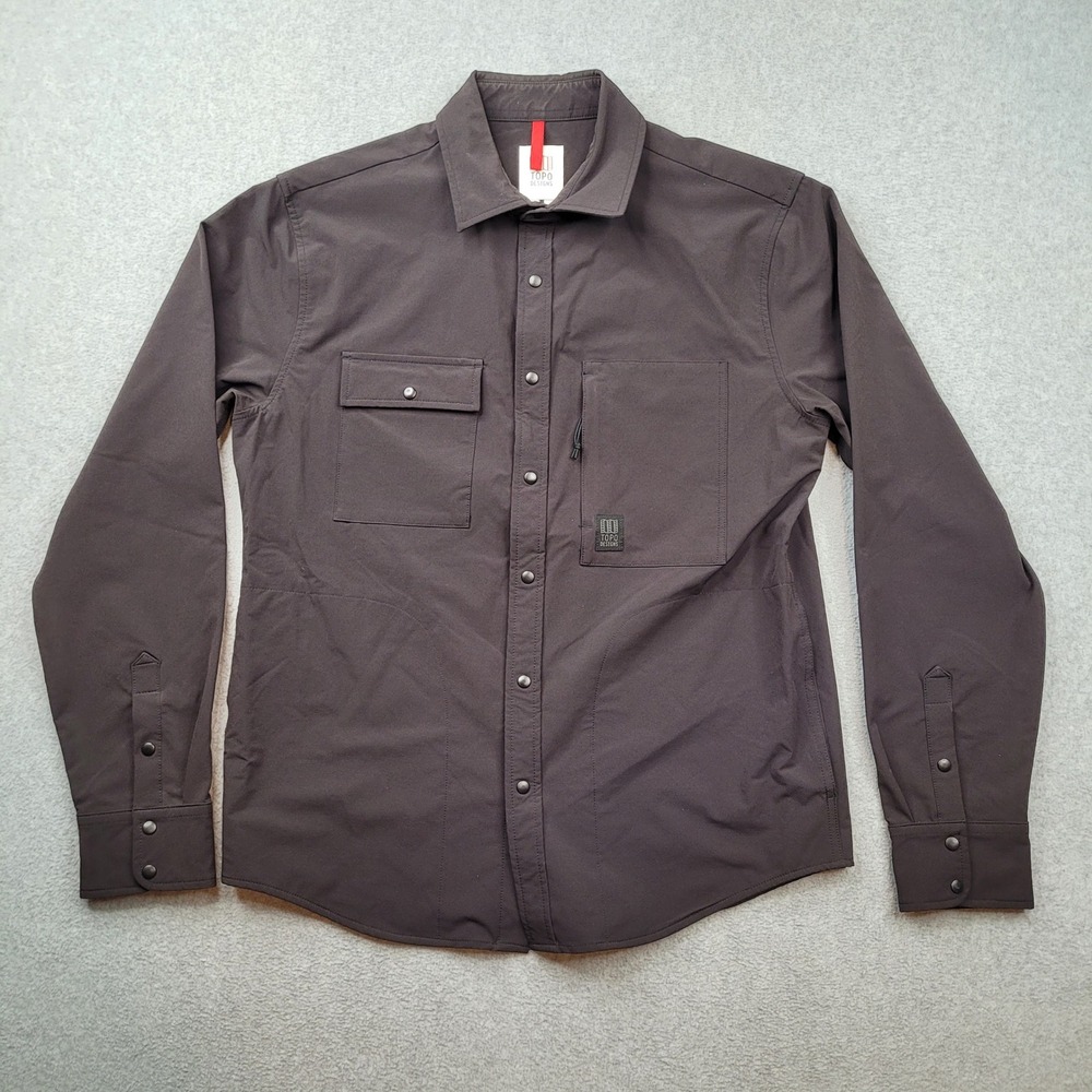 Topo Designs Tech Shirt Mens Medium Charcoal Grey Long Sleeve Snap Front Stretch